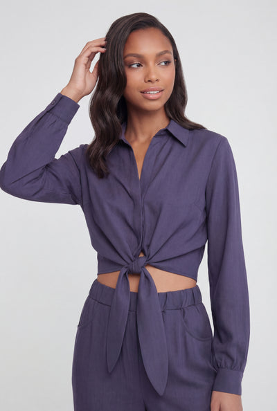 Tie Front Crop Collared Shirt