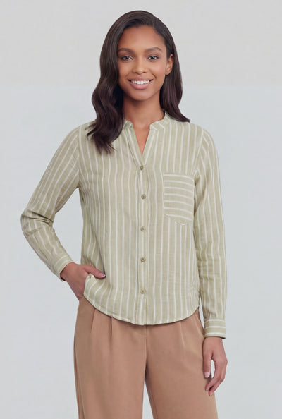 Striped Button-Front V-Neck Shirt