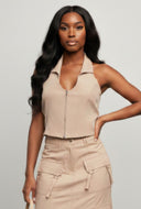 Della Pinstripe Zip Halter Crop Top