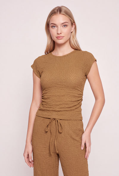 Textured Ruched Cap Sleeve Top