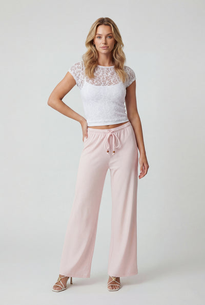 Beaded Drawstring Ribbed Palazzo Pants