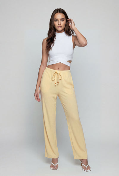 Beaded Drawstring Ribbed Palazzo Pants