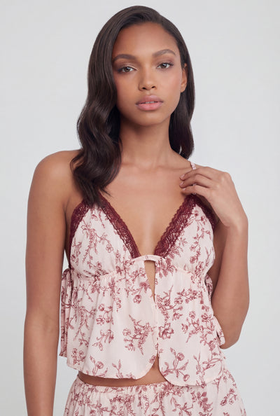 Ainhoa Floral Satin Lace Trim Crop Top