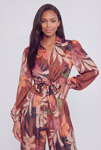 Alexis Tropical Leaf Tie-Front Crop Shirt