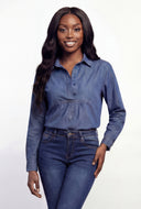 Denim Half Button Popover Blouse