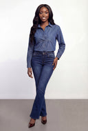 Denim Half Button Popover Blouse