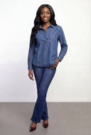 Denim Half Button Popover Blouse