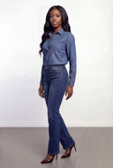 Denim Half Button Popover Blouse