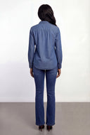 Denim Half Button Popover Blouse