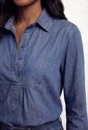 Denim Half Button Popover Blouse