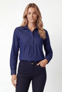 Denim Half Button Popover Blouse