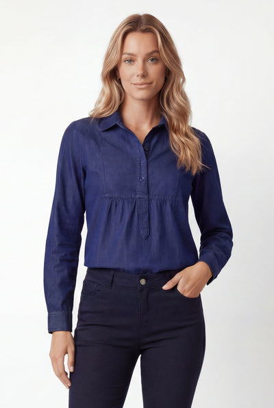 Denim Half Button Popover Blouse