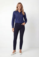 Denim Half Button Popover Blouse