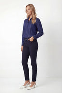 Denim Half Button Popover Blouse