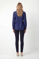 Denim Half Button Popover Blouse