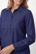 Denim Half Button Popover Blouse