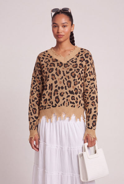 Leopard Print Frayed Sweater