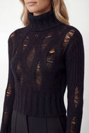 Distressed Rib Knit Turtleneck Sweater