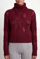 Distressed Rib Knit Turtleneck Sweater