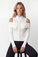 Arya Rib Knit Collared Cold Shoulder Top