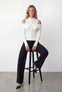 Arya Rib Knit Collared Cold Shoulder Top
