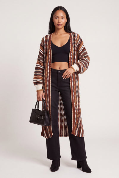 Striped Open Front Long Cardigan