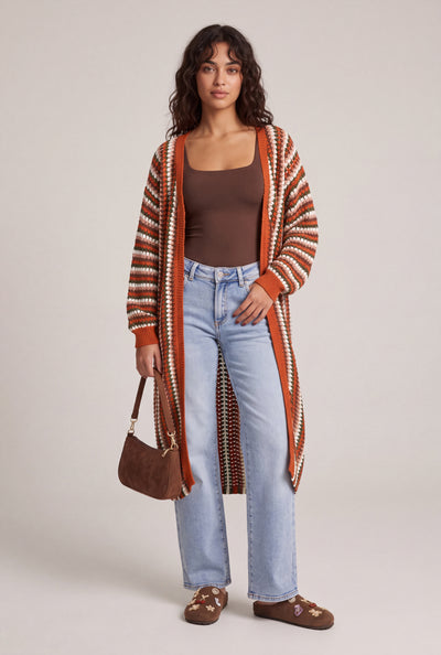Striped Open Front Long Cardigan