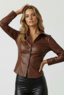 Faux Leather Darted Button Front Shirt