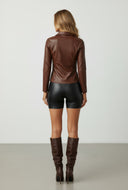 Faux Leather Darted Button Front Shirt