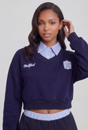New York Striped Collar Crop Sweatshirt