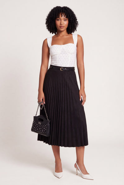 Belted Faux Suede Pleated Skirt