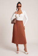 Belted Faux Suede Pleated Skirt