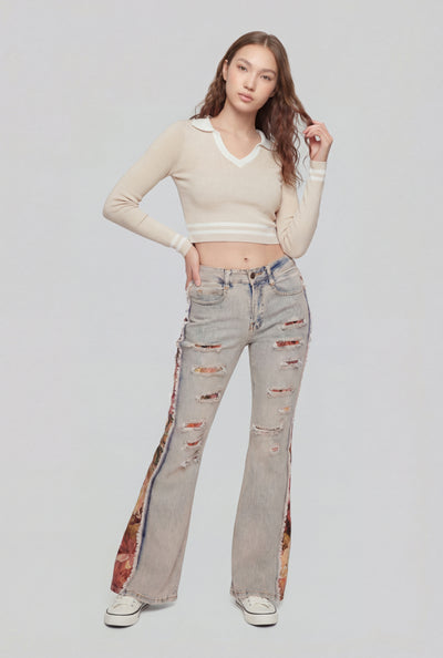 Ariah Jacquard Frayed Flare-Leg Jeans