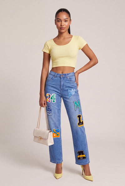 Straight Leg Patch Jeans