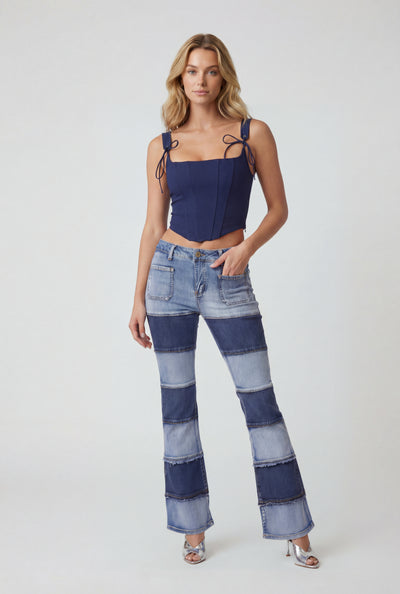 Frayed Two Tone Flare Jeans