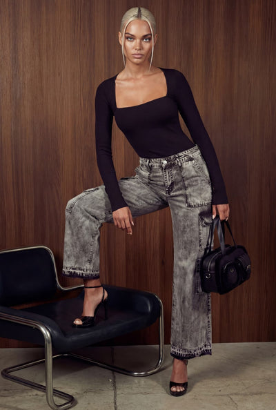 Utility Raw Hem Wide Leg Jeans