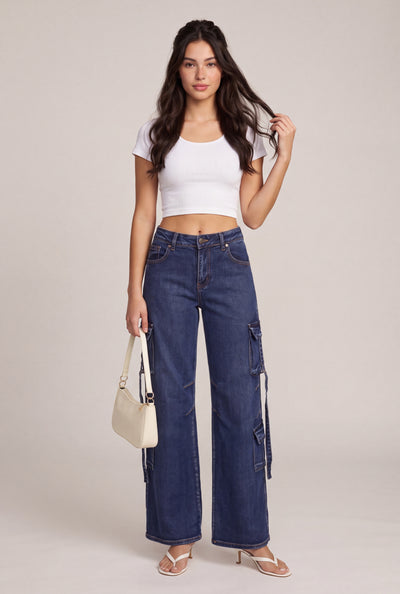 Wide Leg Strappy Utility Jeans