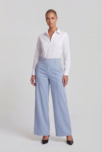 Chambray Pintuck Wide-Leg Pants