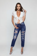Destroyed Mid-Rise Slim Straight Jeans