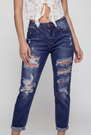 Destroyed Mid-Rise Slim Straight Jeans