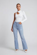 Eco Denim Frayed Hem Mid Rise Flared Jeans