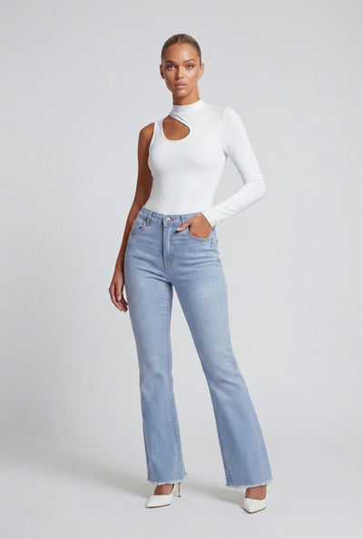 Eco Denim Frayed Hem Mid Rise Flared Jeans