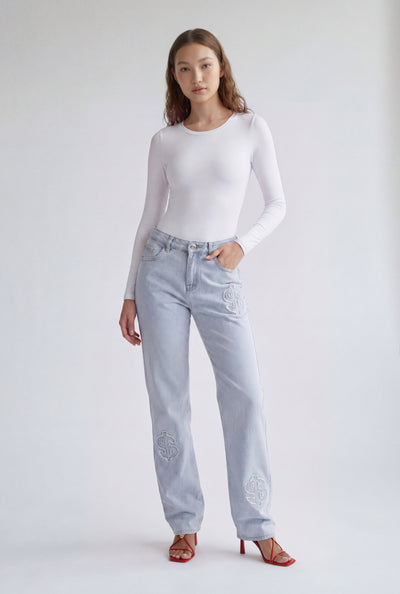 Mylah Frayed Dollar Sign Mid-Rise Jeans