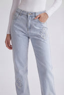 Mylah Frayed Dollar Sign Mid-Rise Jeans