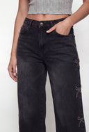 Bow Embroidered Wide Leg Jeans