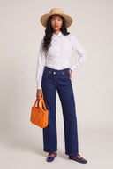 Crossover Wide-Leg Pintuck Jeans