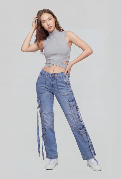 Strap Buckle Cargo Jeans