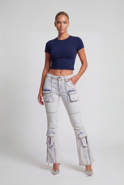 Low Rise Cargo Flare-Leg Jeans