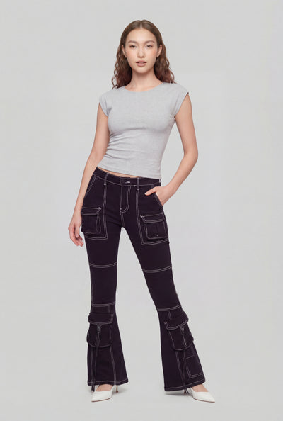 Low Rise Cargo Flare-Leg Jeans