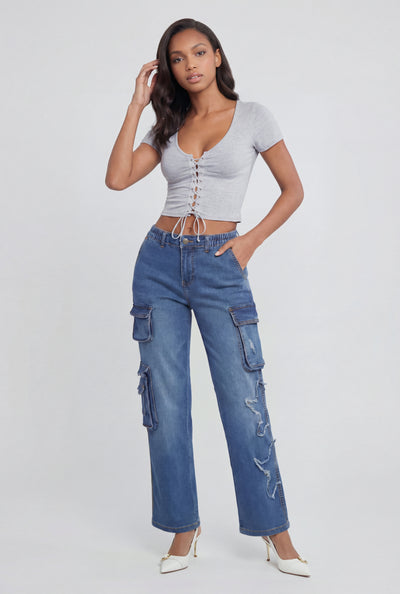 Julietta Frayed Star Cargo Jeans